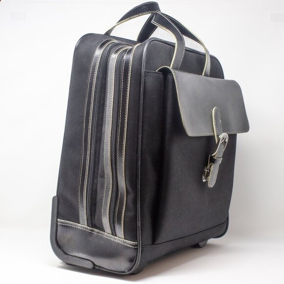 Jack Georges Milano Business Traveler | Black Leather & Nylon Laptop Rolling Bag - Picture 3 of 6